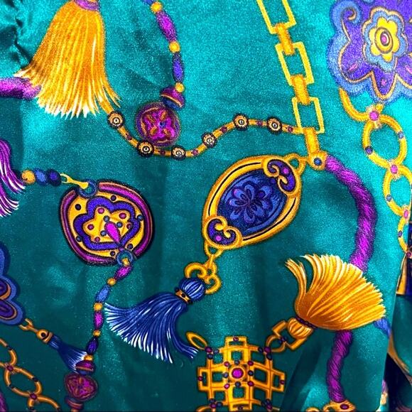 VICTORIAS SECRET🎄VTG PAJAMA SET Satiny teal green purple gold tassel print SZ SM - Picture 8 of 12